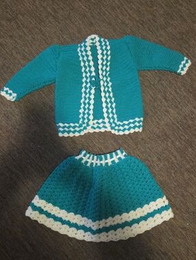 Handmade Teal and White Crochet Cardigan & Skirt Set